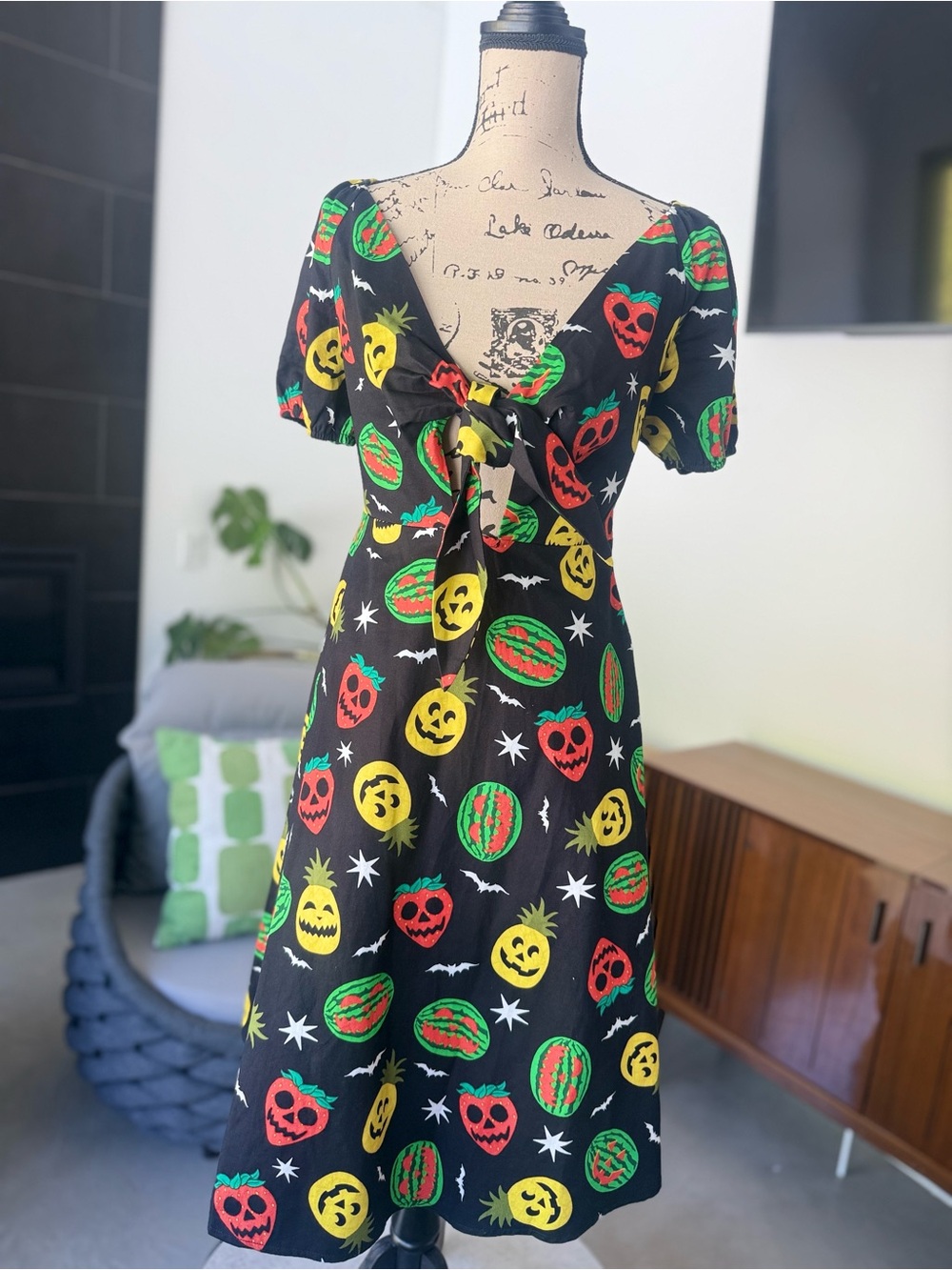 Black summerween Print Tie-Front Midi Dress